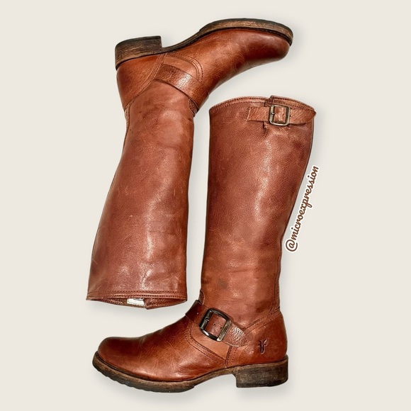 $399 Frye Veronica Slouch Cognac Brown Real Leather Engineer Knee/Calf High Boot - Picture 8 of 15